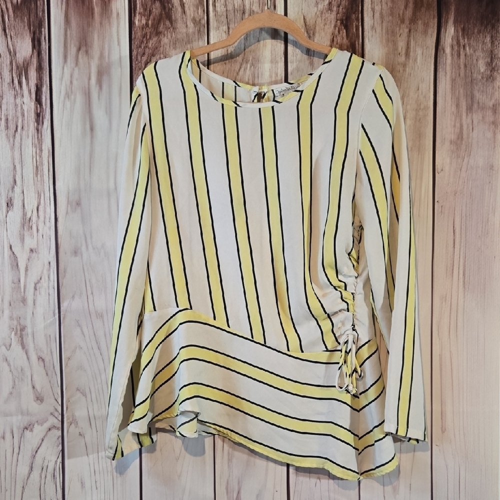 Ophelia Roe Vertical Striped Yellow and Black Asymmetrical Blouse Womens Large